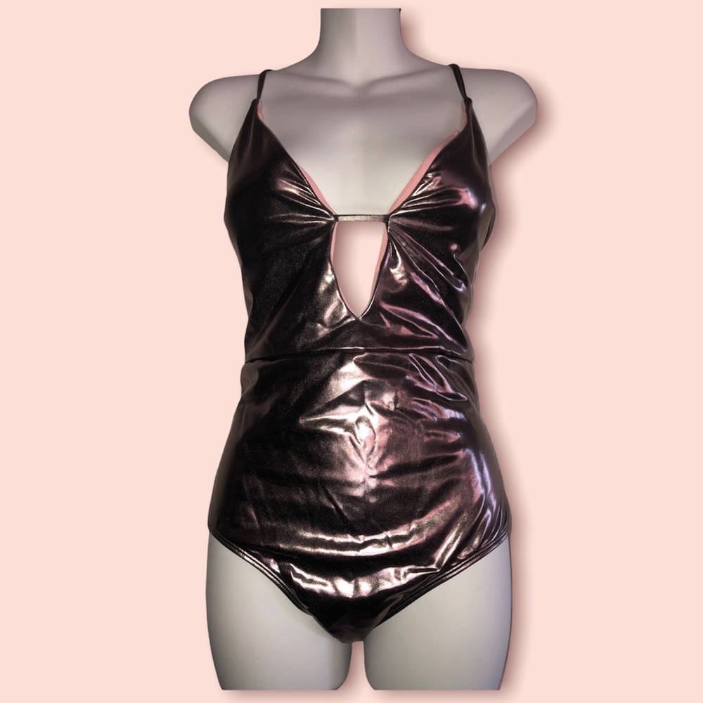 NWT XOXO deep plung metallic one-piece swimsuit with crisscross straps